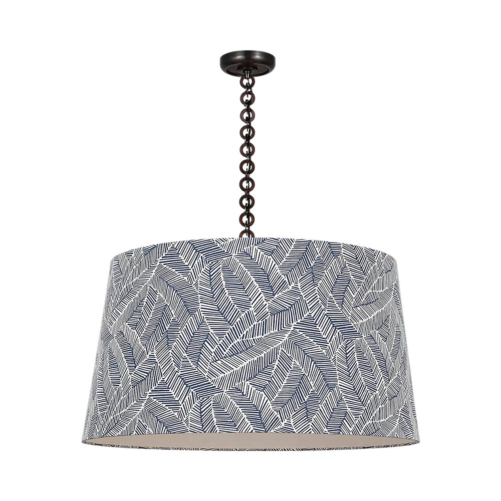 Evelyn Pendant Light in Bronze and Natural Oak/Navy Abstract Leaf.