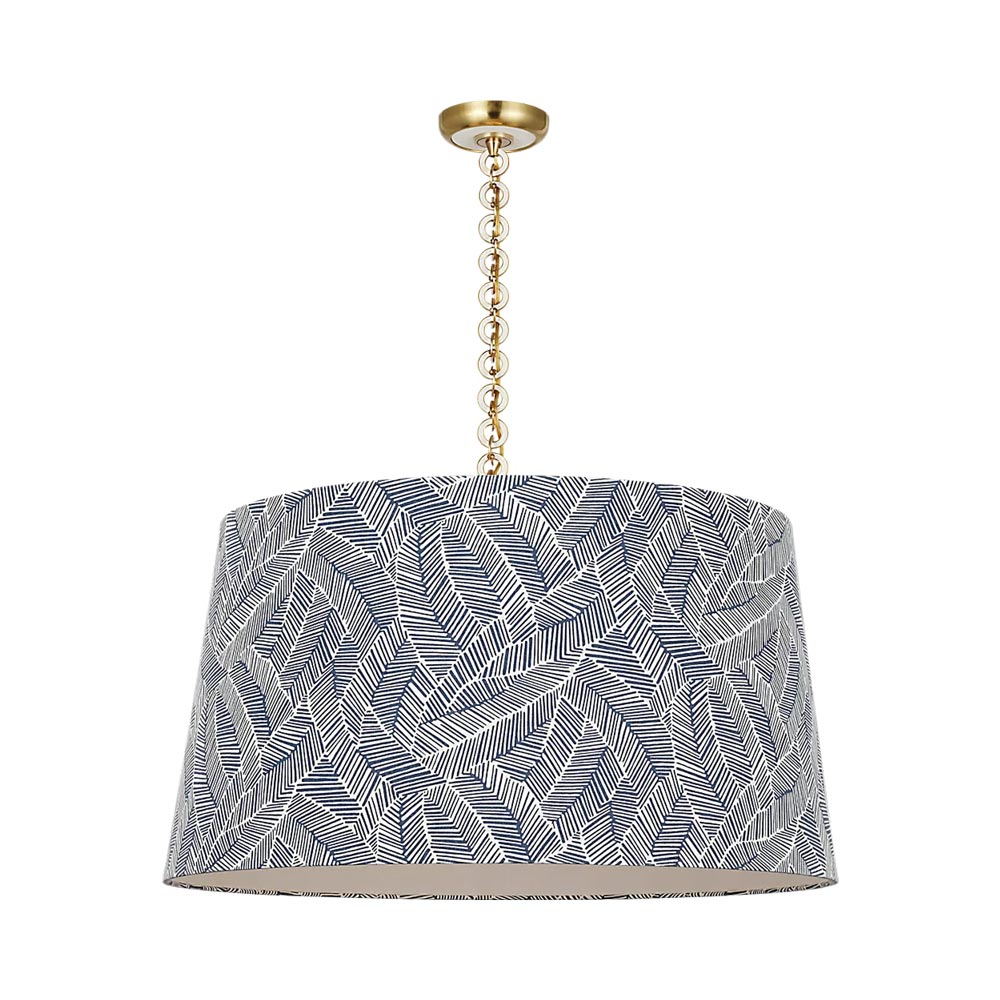 Evelyn Pendant Light in Hand-Rubbed Antique Brass and White Oak/Navy Abstract Leaf.