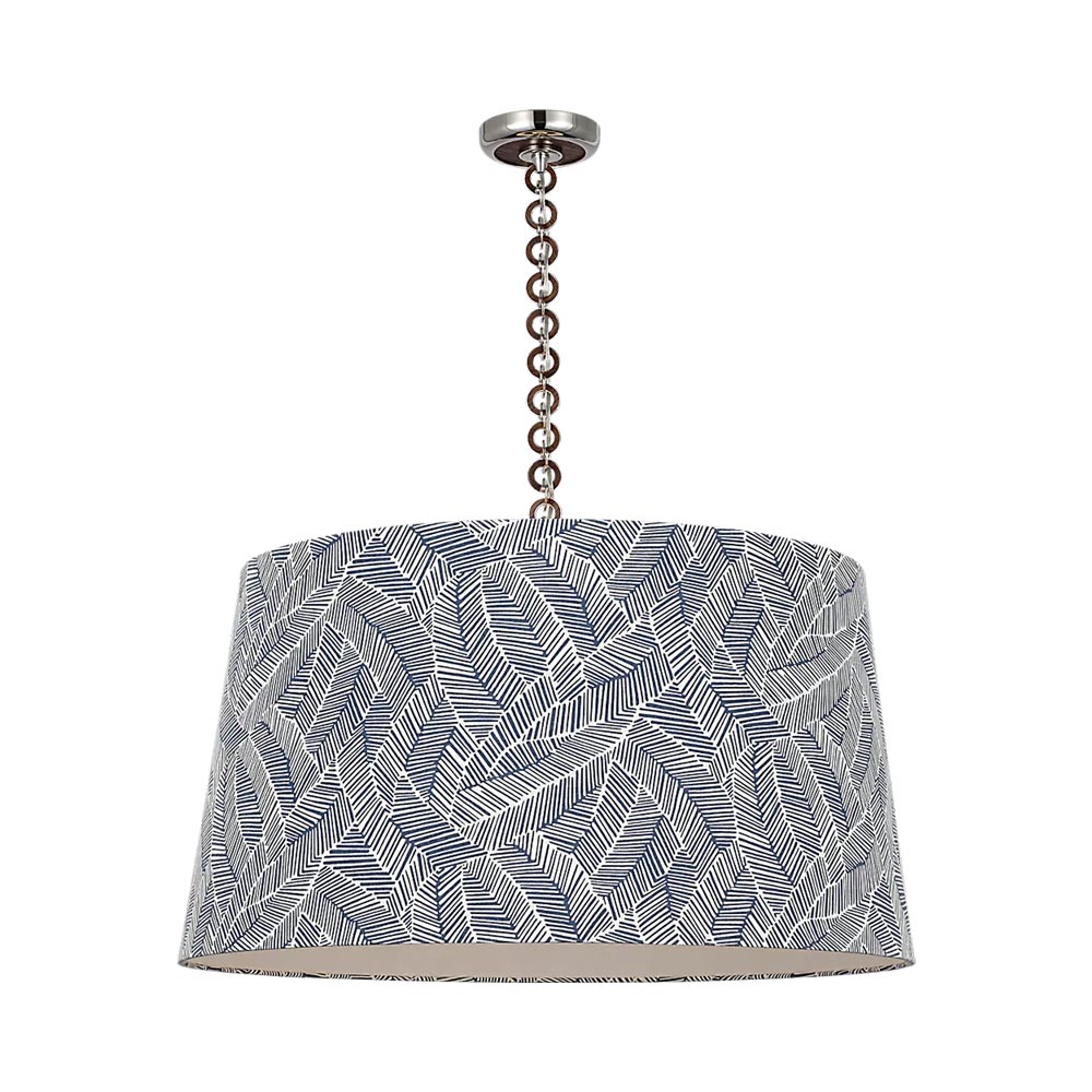 Evelyn Pendant Light in Polished Nickel and Natural Oak/Navy Abstract Leaf.