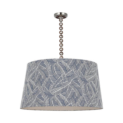Evelyn Pendant Light in Polished Nickel and Natural Oak/Navy Abstract Leaf.