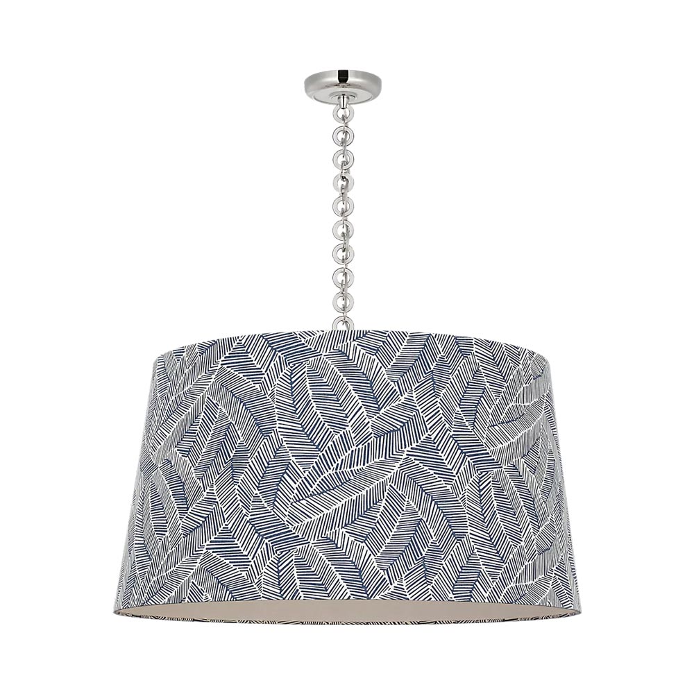 Evelyn Pendant Light in Polished Nickel and White Oak/Navy Abstract Leaf.