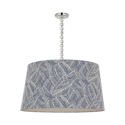 Evelyn Pendant Light in Polished Nickel and White Oak/Navy Abstract Leaf.