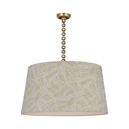Evelyn Pendant Light in Hand-Rubbed Antique Brass and Natural Oak/Taupe Abstract Leaf.