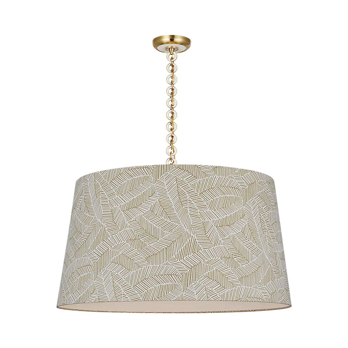 Evelyn Pendant Light in Hand-Rubbed Antique Brass and White Oak/Taupe Abstract Leaf.