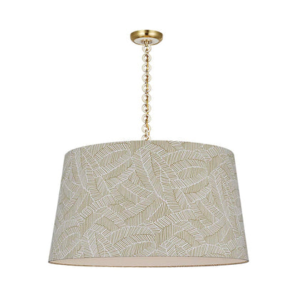 Evelyn Pendant Light in Hand-Rubbed Antique Brass and White Oak/Taupe Abstract Leaf.