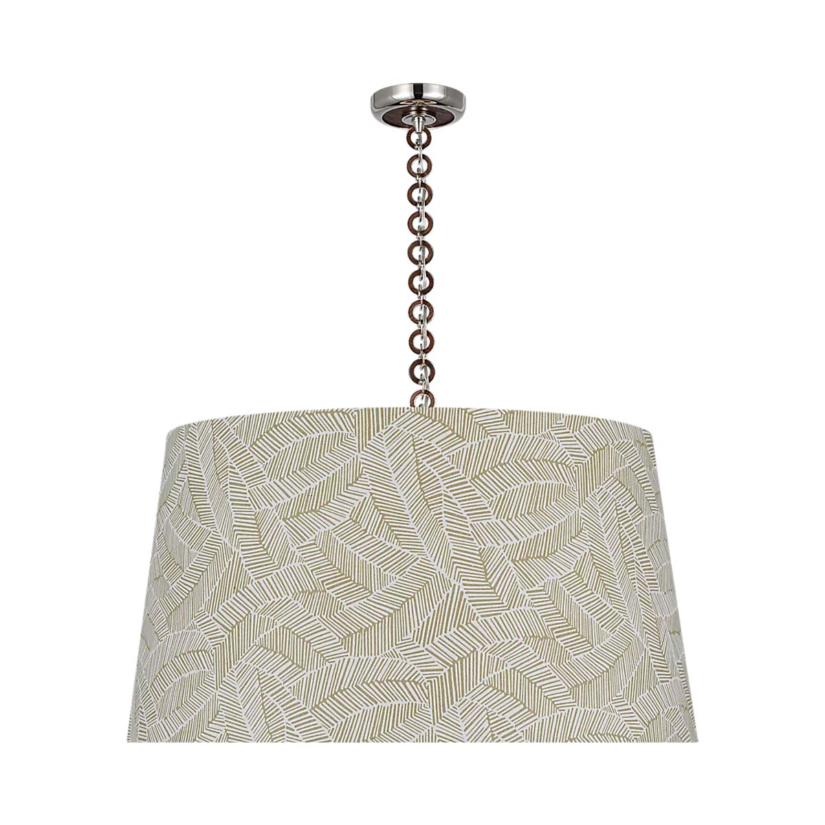 Evelyn Pendant Light in Polished Nickel and Natural Oak/Taupe Abstract Leaf.