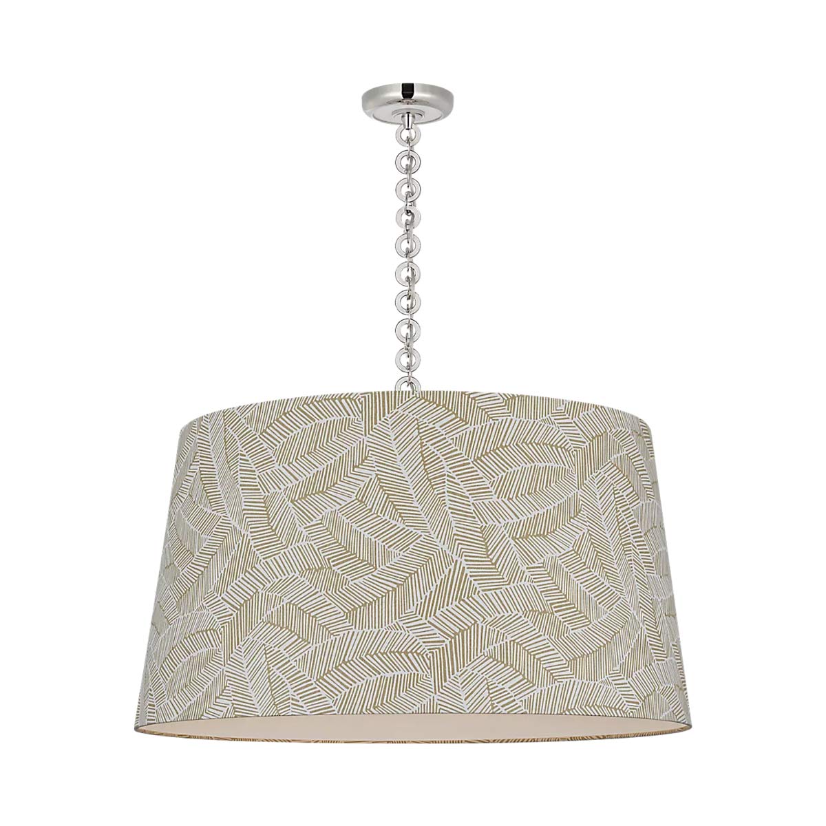 Evelyn Pendant Light in Polished Nickel and White Oak/Taupe Abstract Leaf.