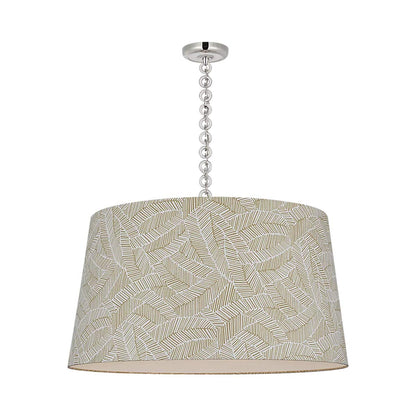 Evelyn Pendant Light in Polished Nickel and White Oak/Taupe Abstract Leaf.