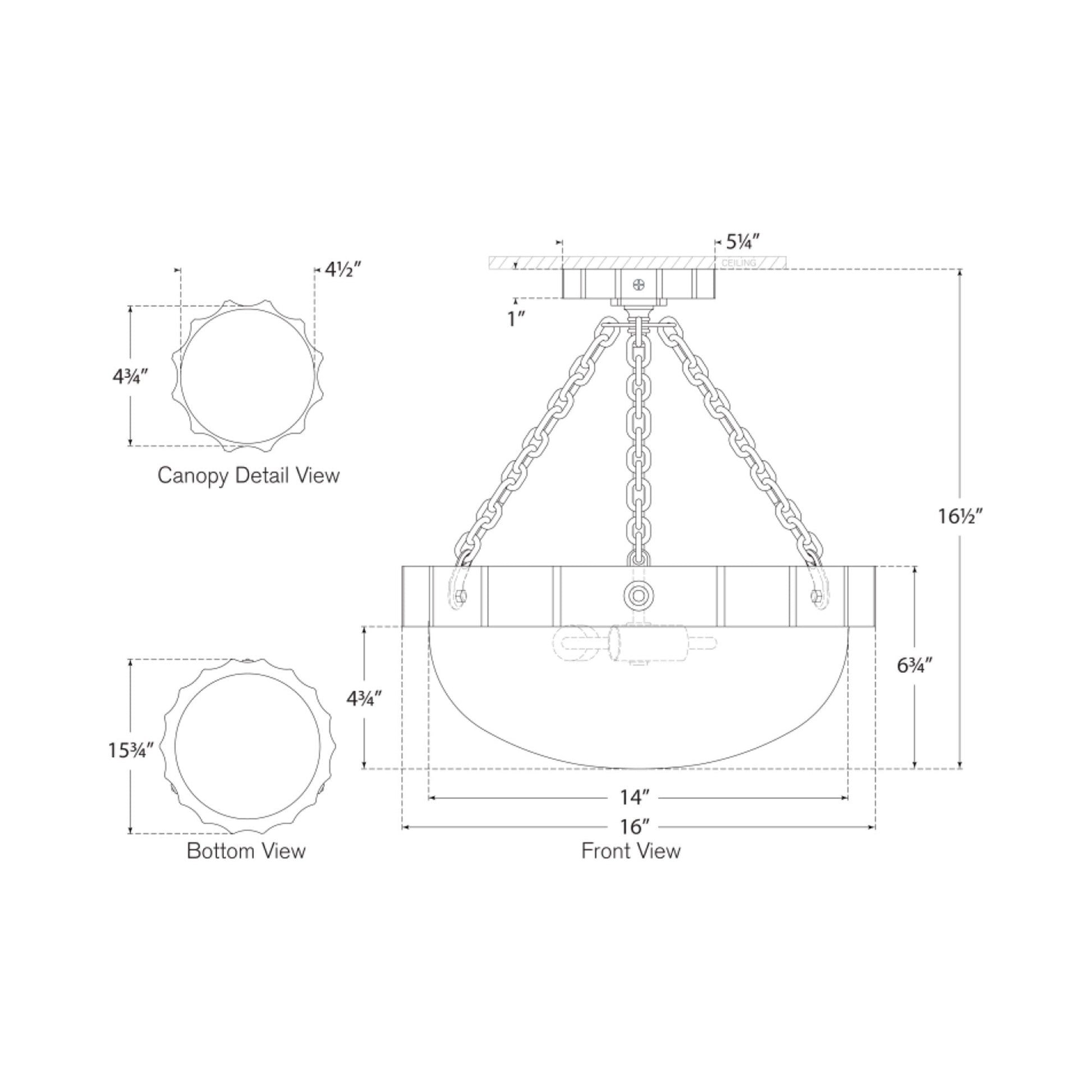 Fluted Band Semi Flush Mount Ceiling Light - line drawing.