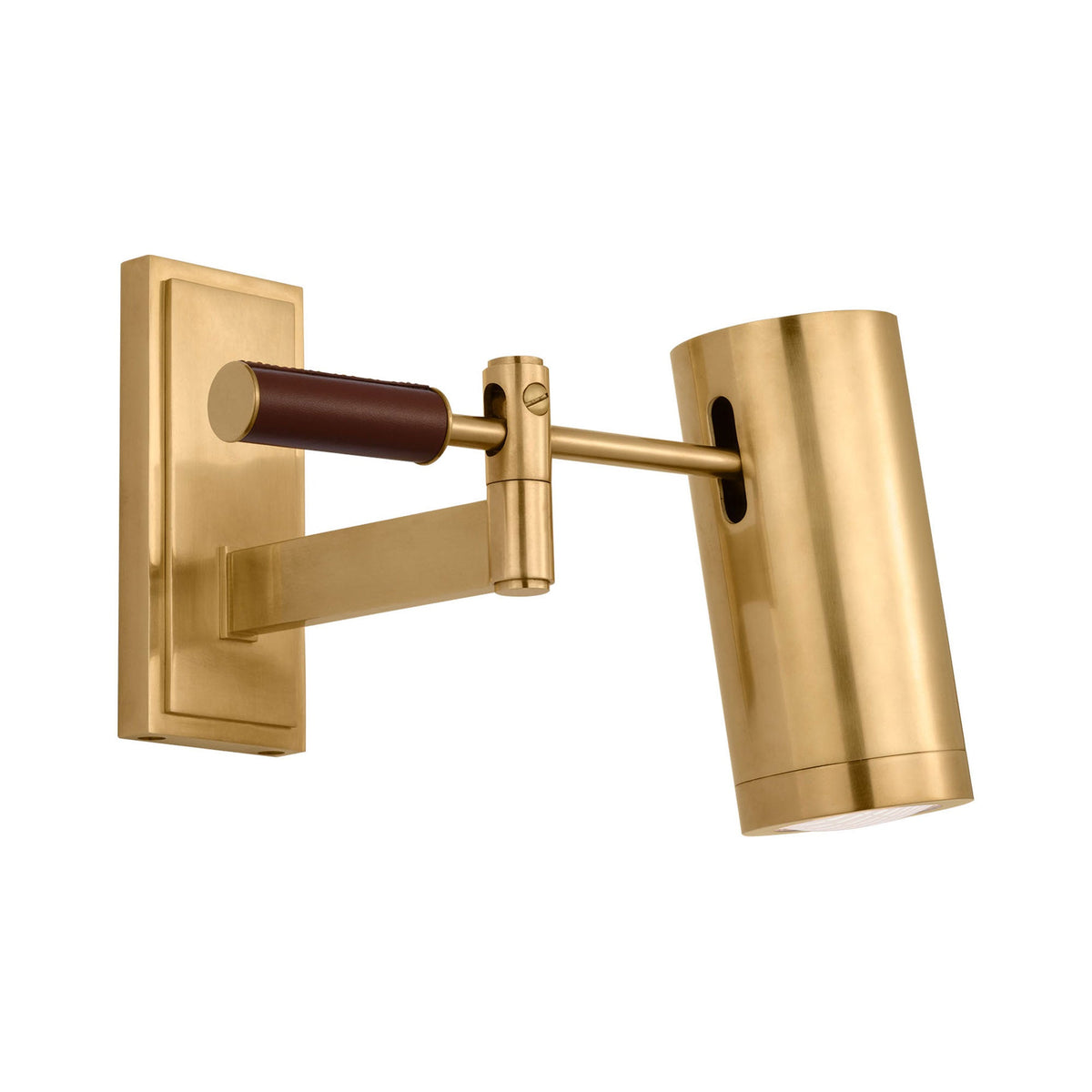 Grant Articulating LED Wall Light in Natural Brass and Saddle Leather.