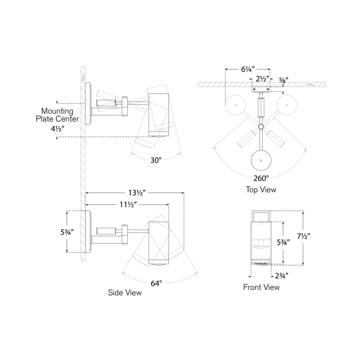 Grant Articulating LED Wall Light - line drawing.