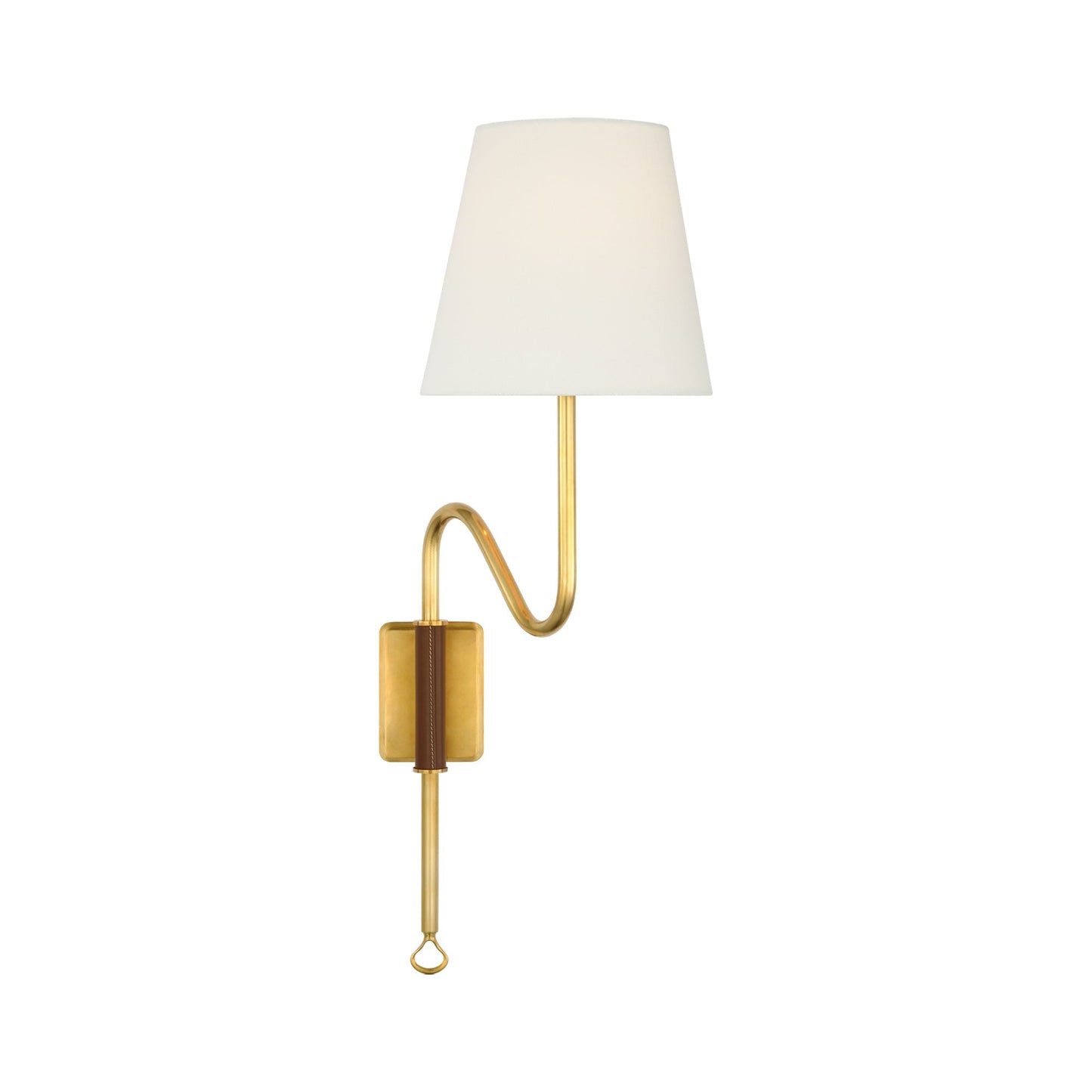 Griffin Articulating Wall Light in Hand-Rubbed Antique Brass/Saddle Leather.
