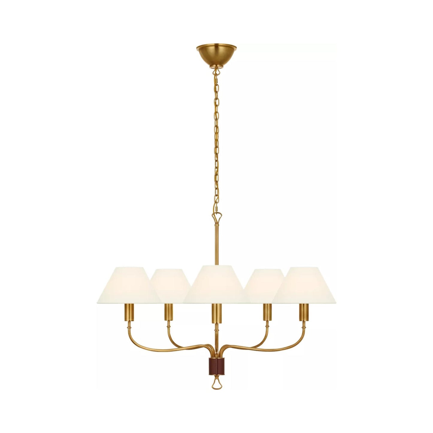 Griffin Chandelier in Hand-Rubbed Antique Brass and Saddle Leather (31-Inch).