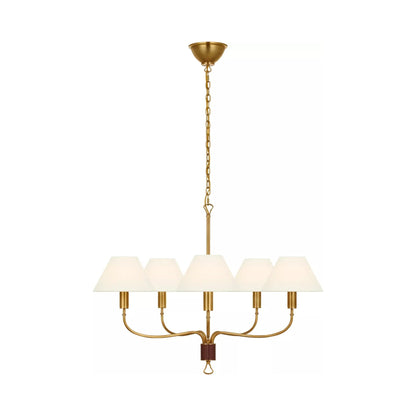 Griffin Chandelier in Hand-Rubbed Antique Brass and Saddle Leather (31-Inch).