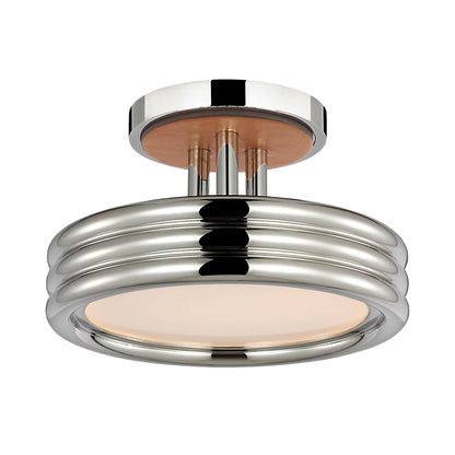 Hudson St. LED Semi Flush Mount Ceiling Light in Polished Nickel and Nutmeg Leather.