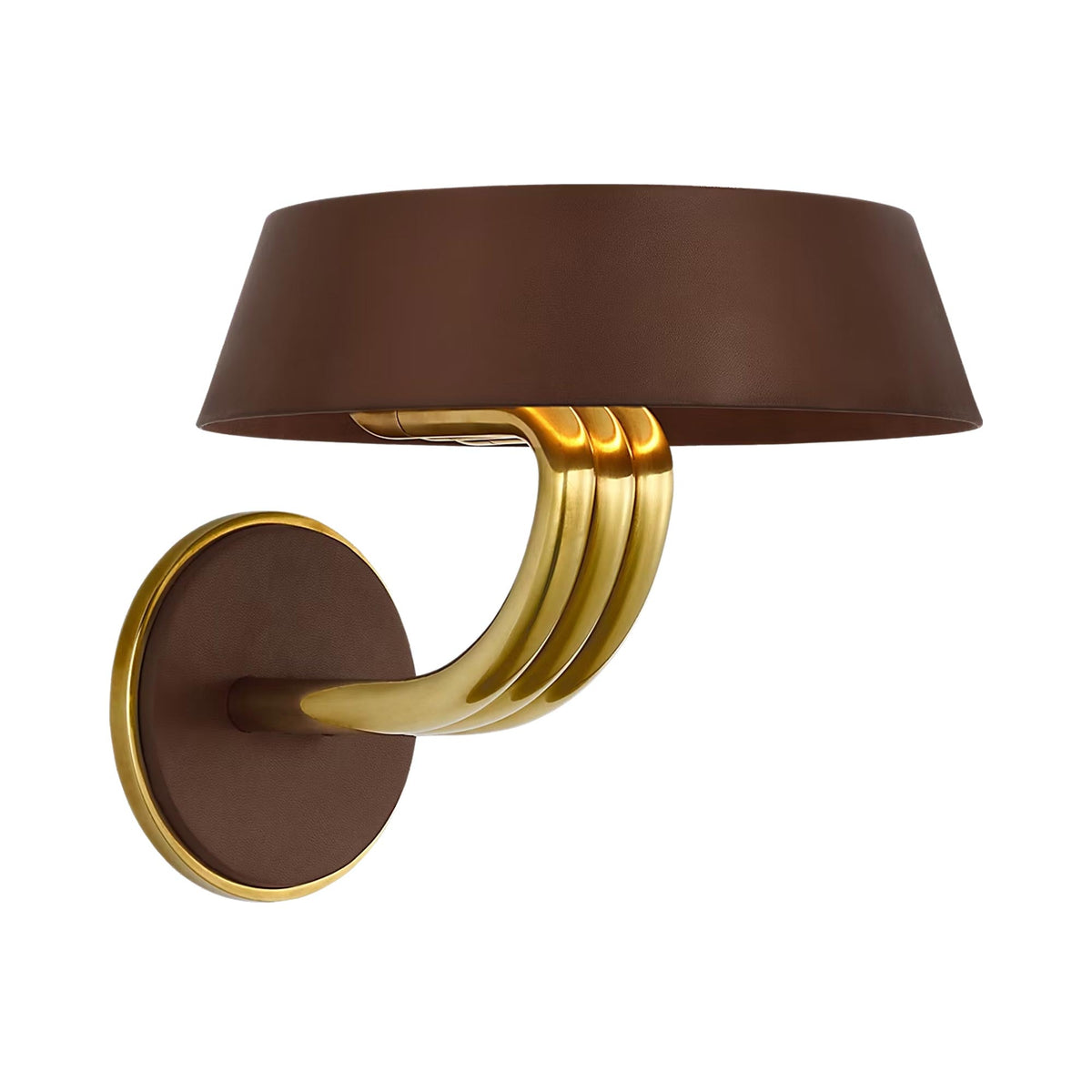 Hudson St. LED Wall Light in Natural Brass and Carob Leather.