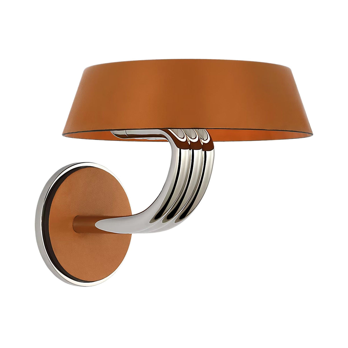 Hudson St. LED Wall Light in Polished Nickel and Nutmeg Leather.
