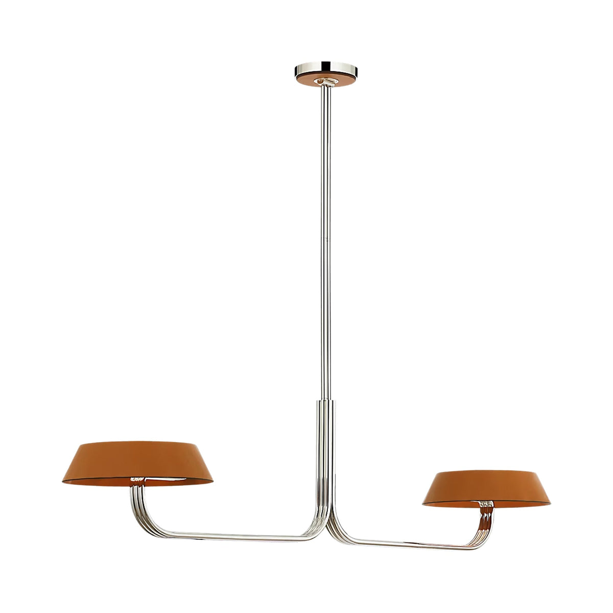 Hudson St. Linear LED Chandelier in Polished Nickel and Nutmeg Leather.