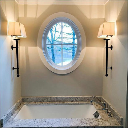 Long Iron Torch Wall Light in bathroom.