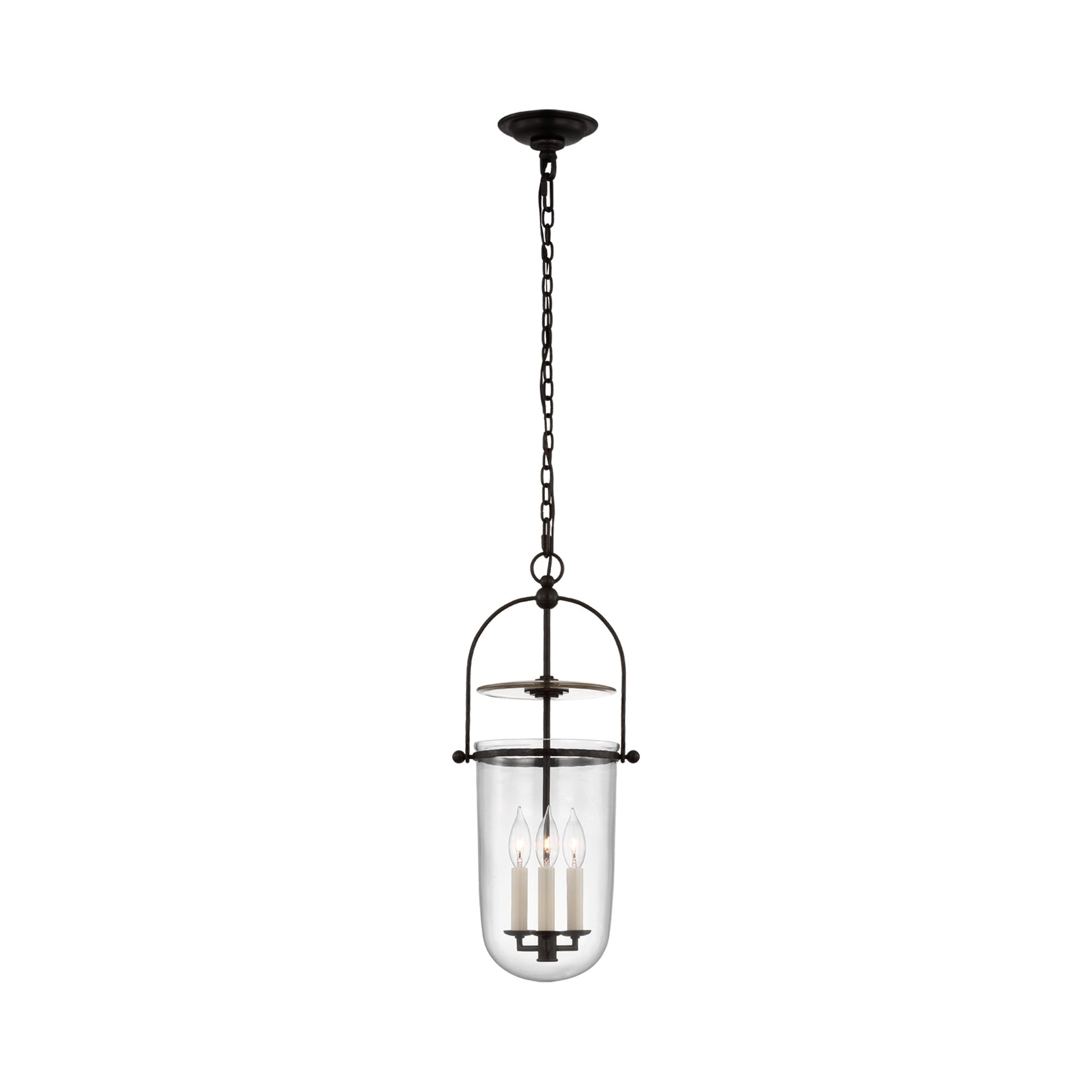 Lorford Smoke Bell Pendant Light in Aged Iron/Clear Glass (Tall).