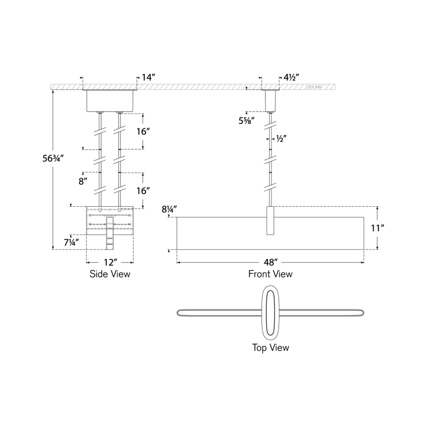 Lotura Linear LED Pendant Light - line drawing.