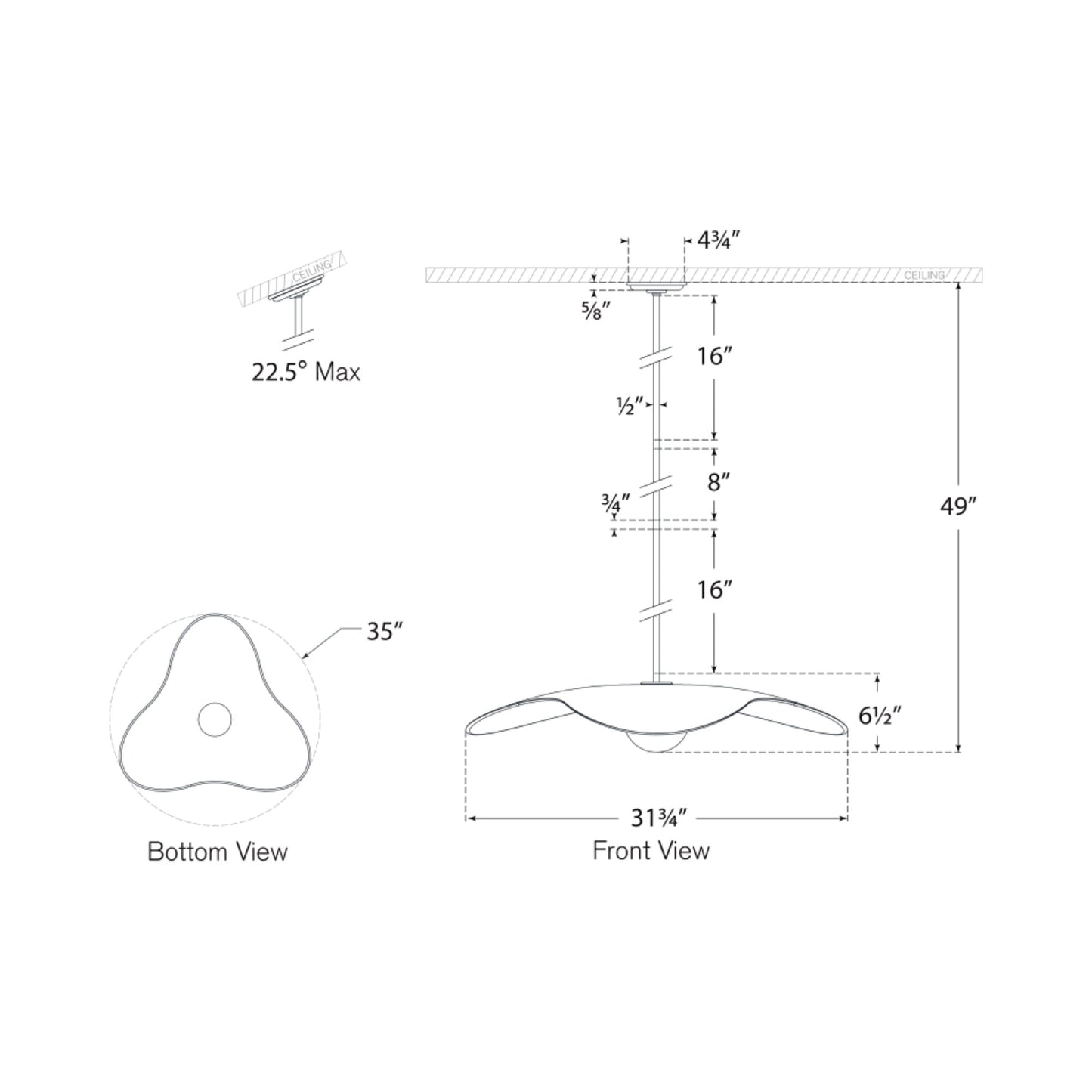 Mahalo LED Tri Pendant Light - line drawing.