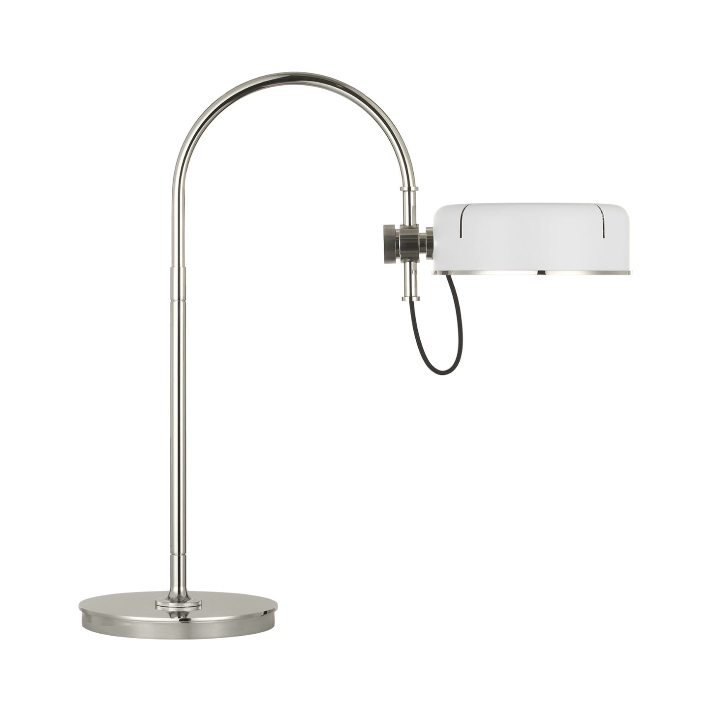 Oso Arc LED Table Lamp in Polished Nickel/Matte White.