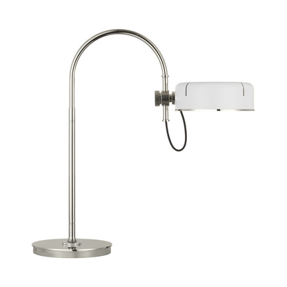 Oso Arc LED Table Lamp in Polished Nickel/Matte White.