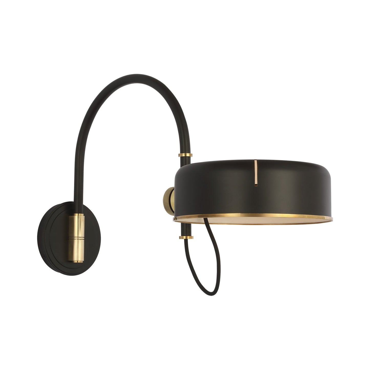 Oso Articulating Arc LED Wall Light in Modern Iron and Hand-Rubbed Antique Brass/Modern Iron.