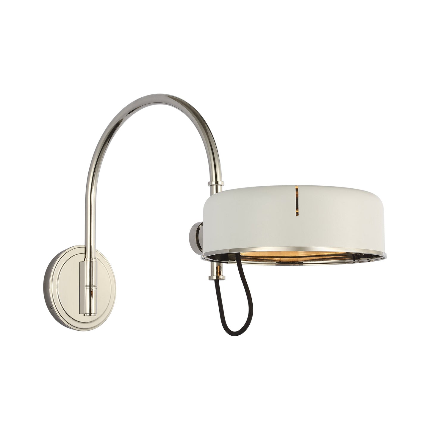 Oso Articulating Arc LED Wall Light in Polished Nickel/Matte White.
