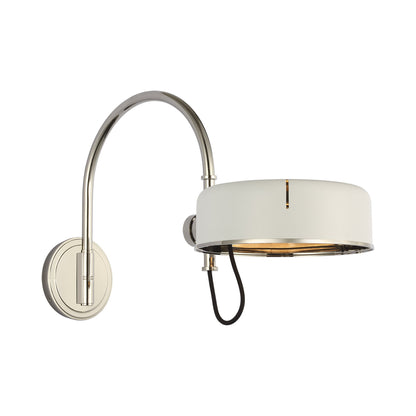 Oso Articulating Arc LED Wall Light in Polished Nickel/Matte White.
