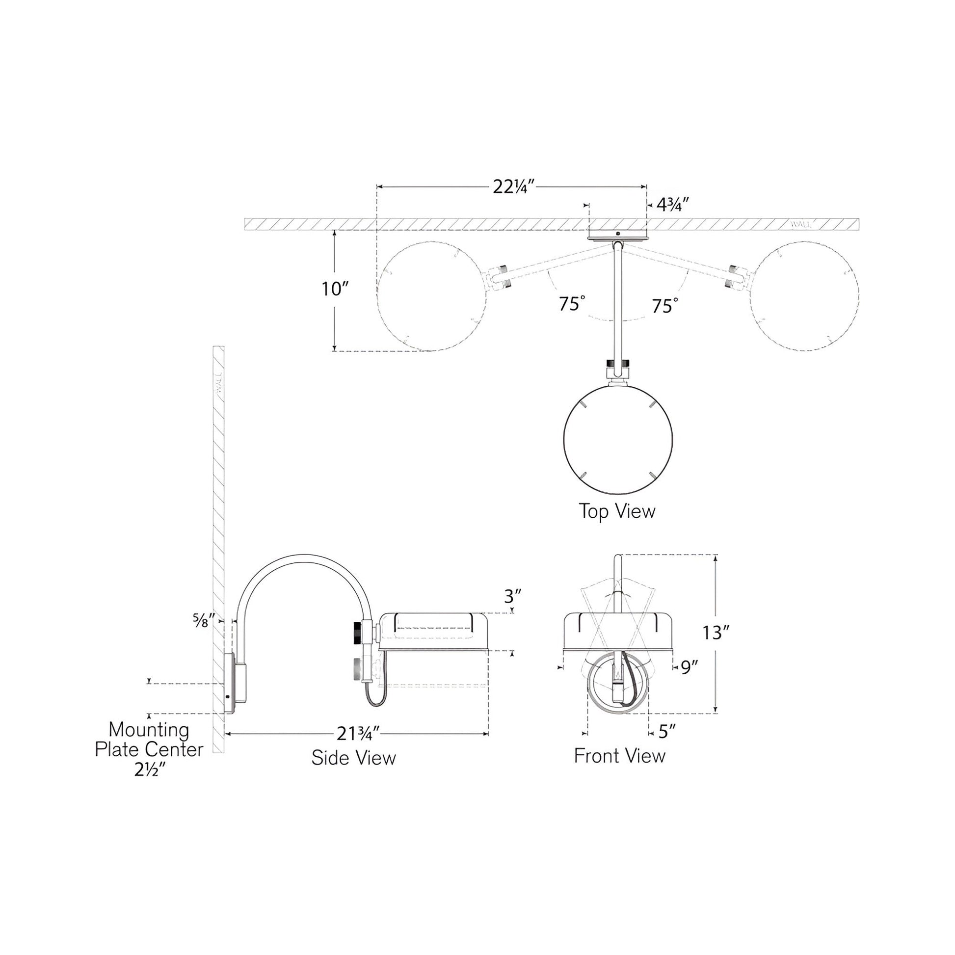 Oso Articulating Arc LED Wall Light - line drawing.