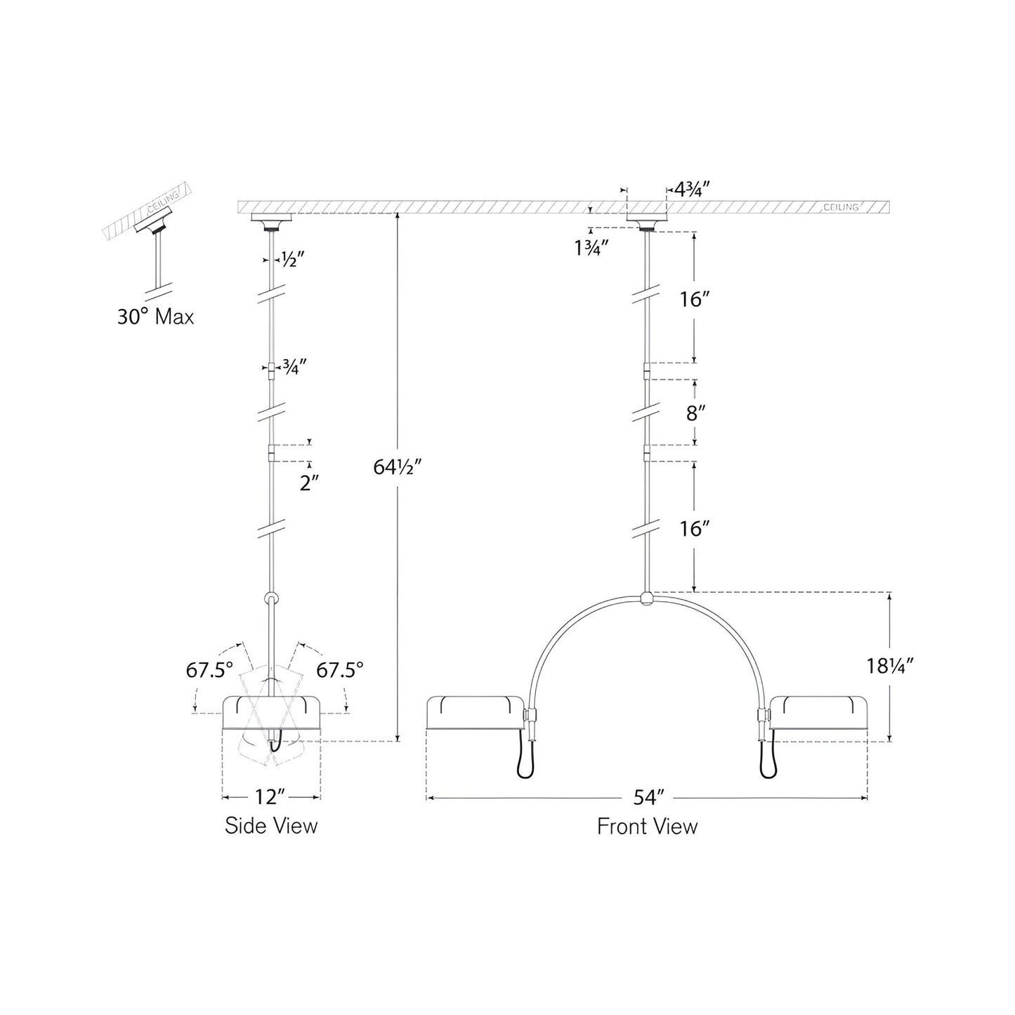 Oso LED Linear Arched Pendant Light - line drawing.