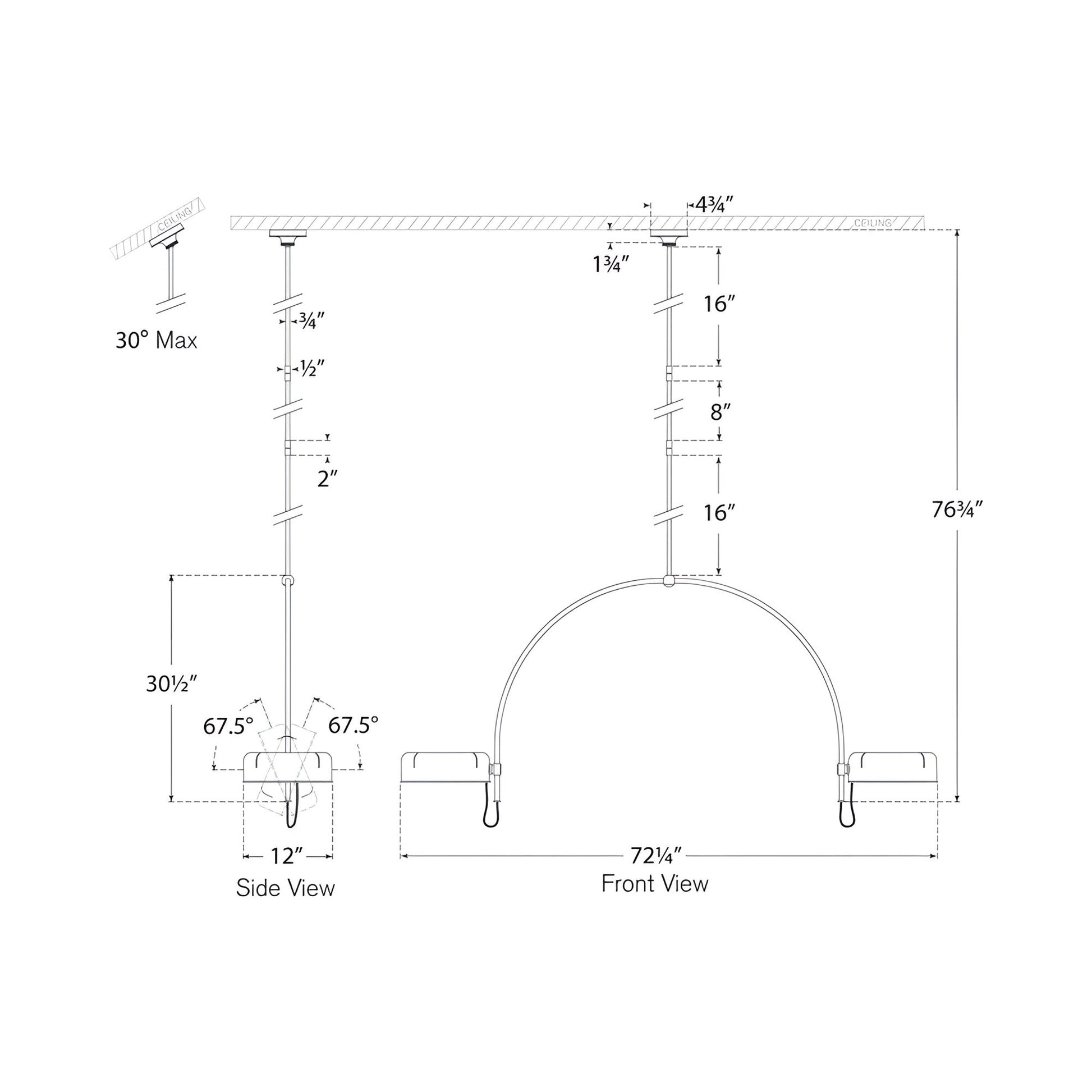 Oso LED Linear Arched Pendant Light - line drawing.