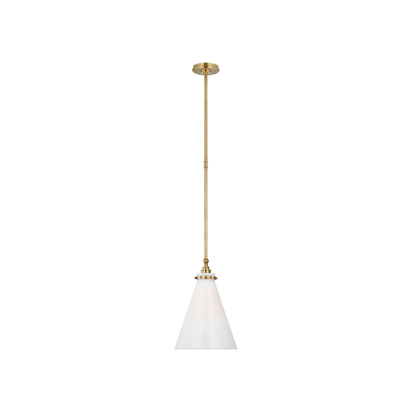 Parkington Conical Pendant Light in Antique-Burnished Brass (11-Inch/White Glass).