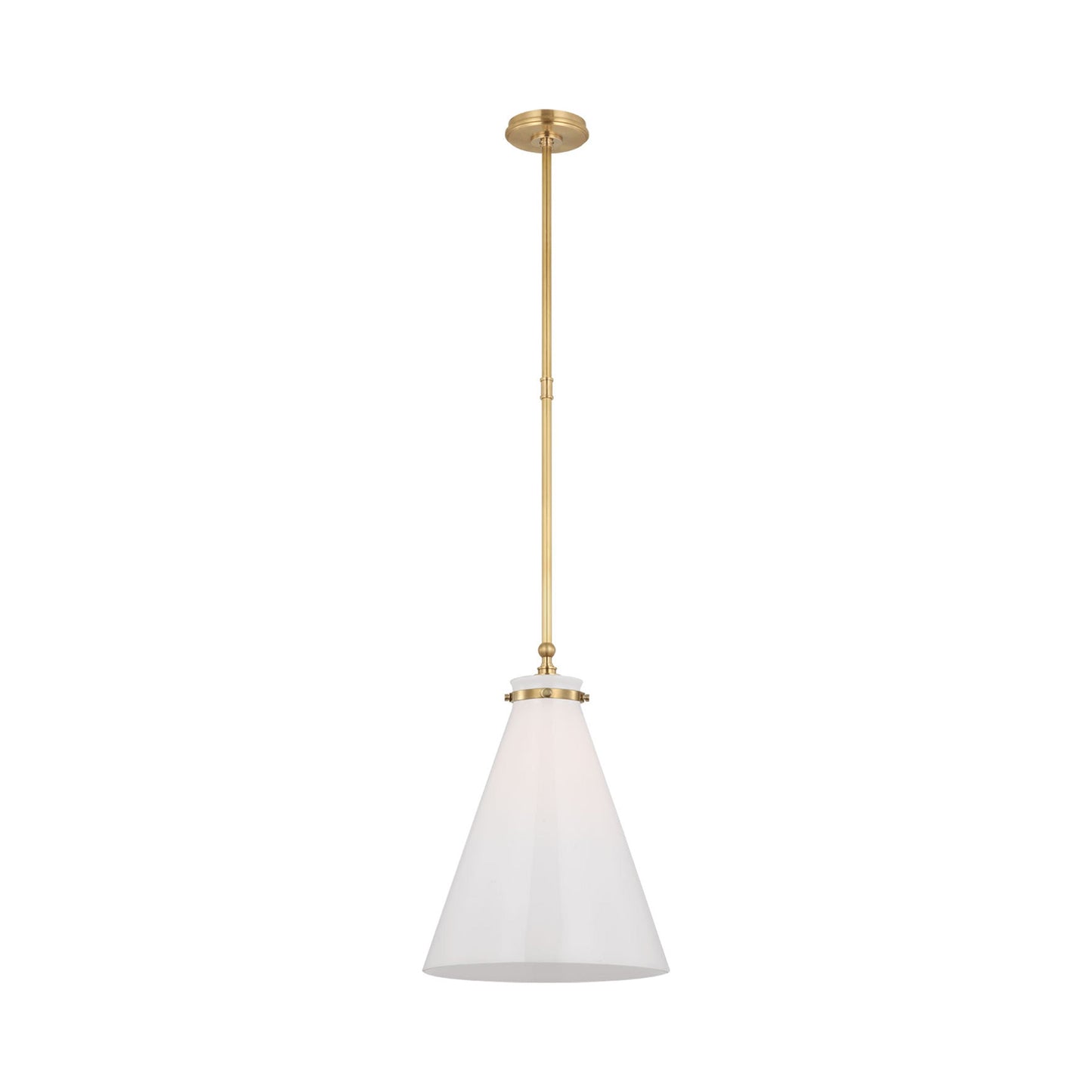 Parkington Conical Pendant Light in Antique-Burnished Brass (15.25-Inch/White Glass).