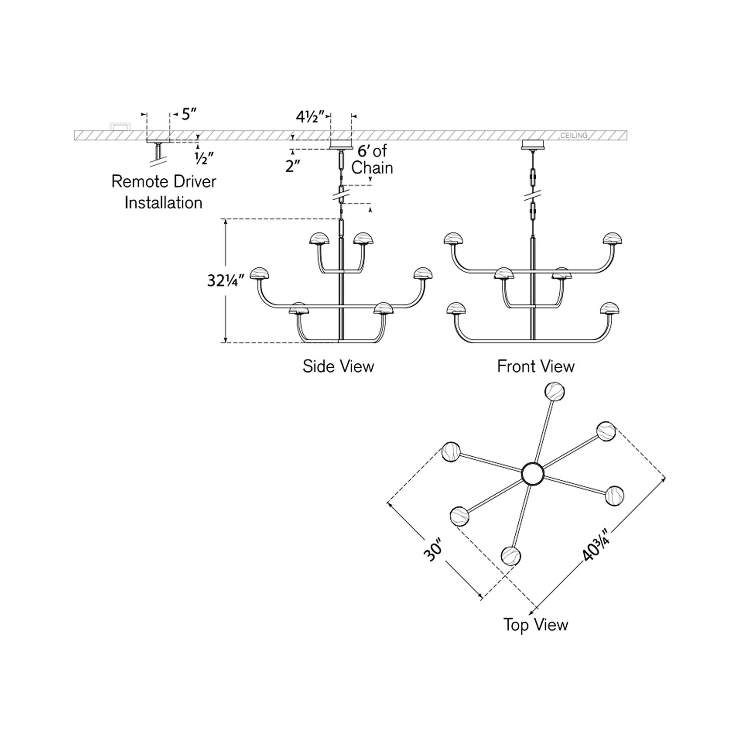 Pedra LED Shallow Chandelier - line drawing.