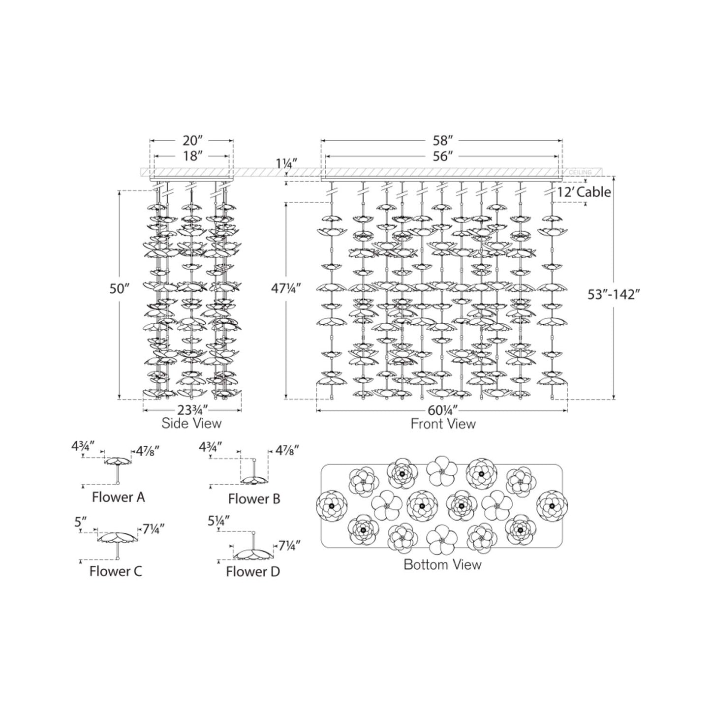 Petaluma Cascading Linear LED Chandelier - line drawing.