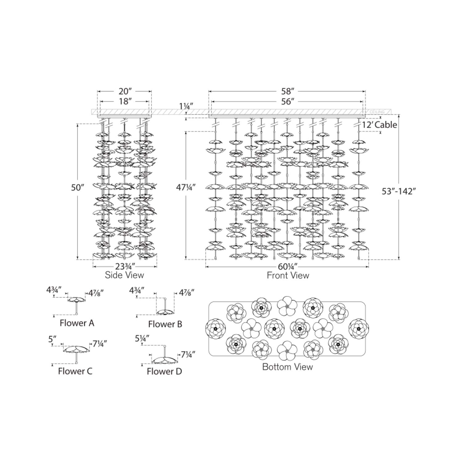 Petaluma Cascading Linear LED Chandelier - line drawing.