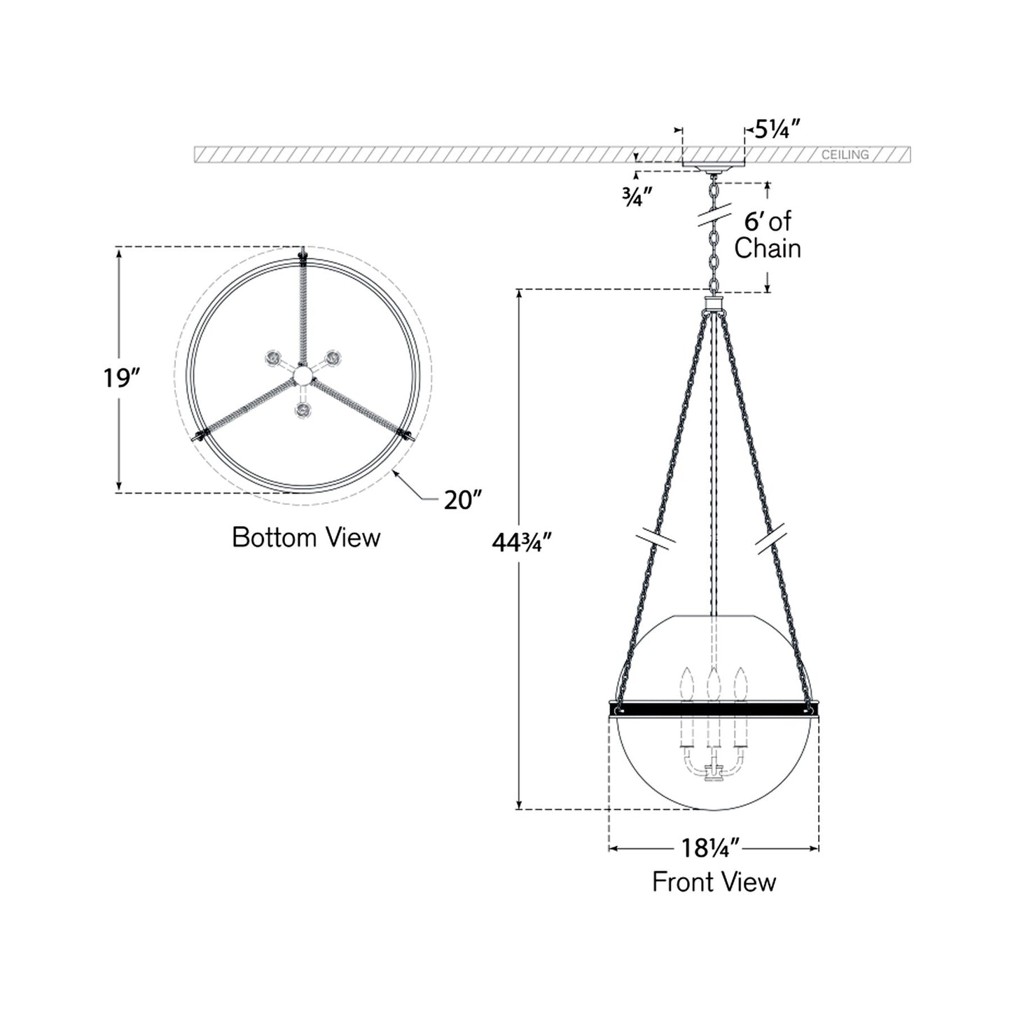 Reese Globe Pendant Light - line drawing.