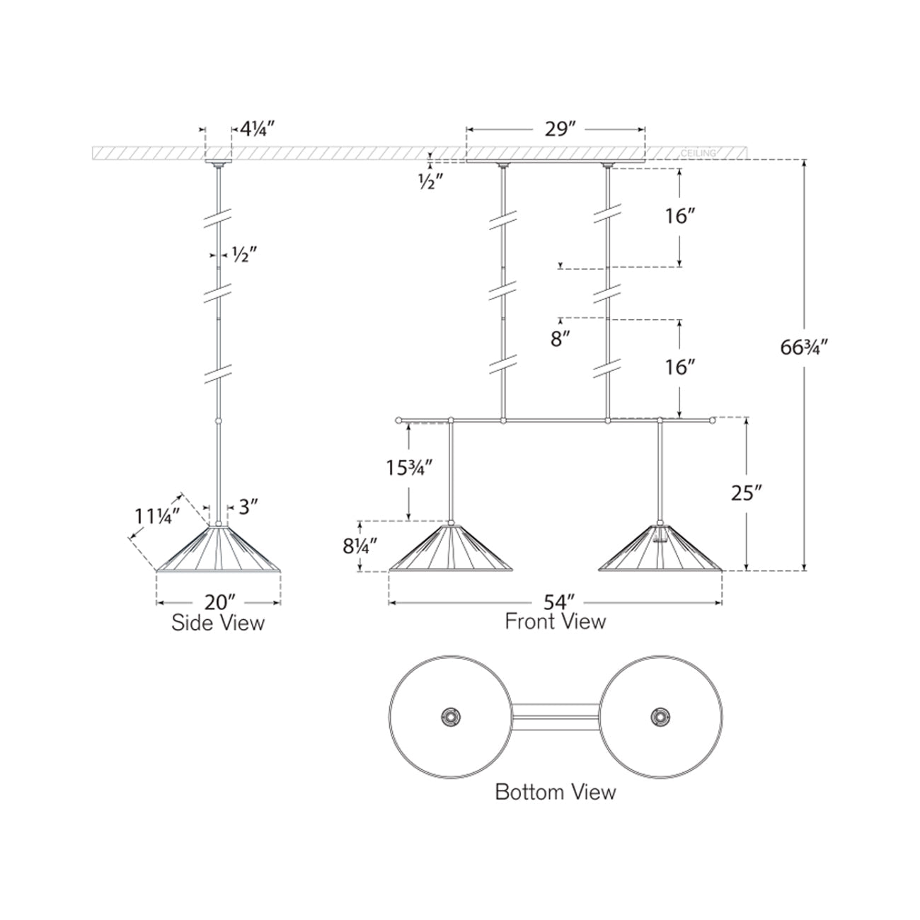 Soren Extended Drop Linear Chandelier - line drawing.