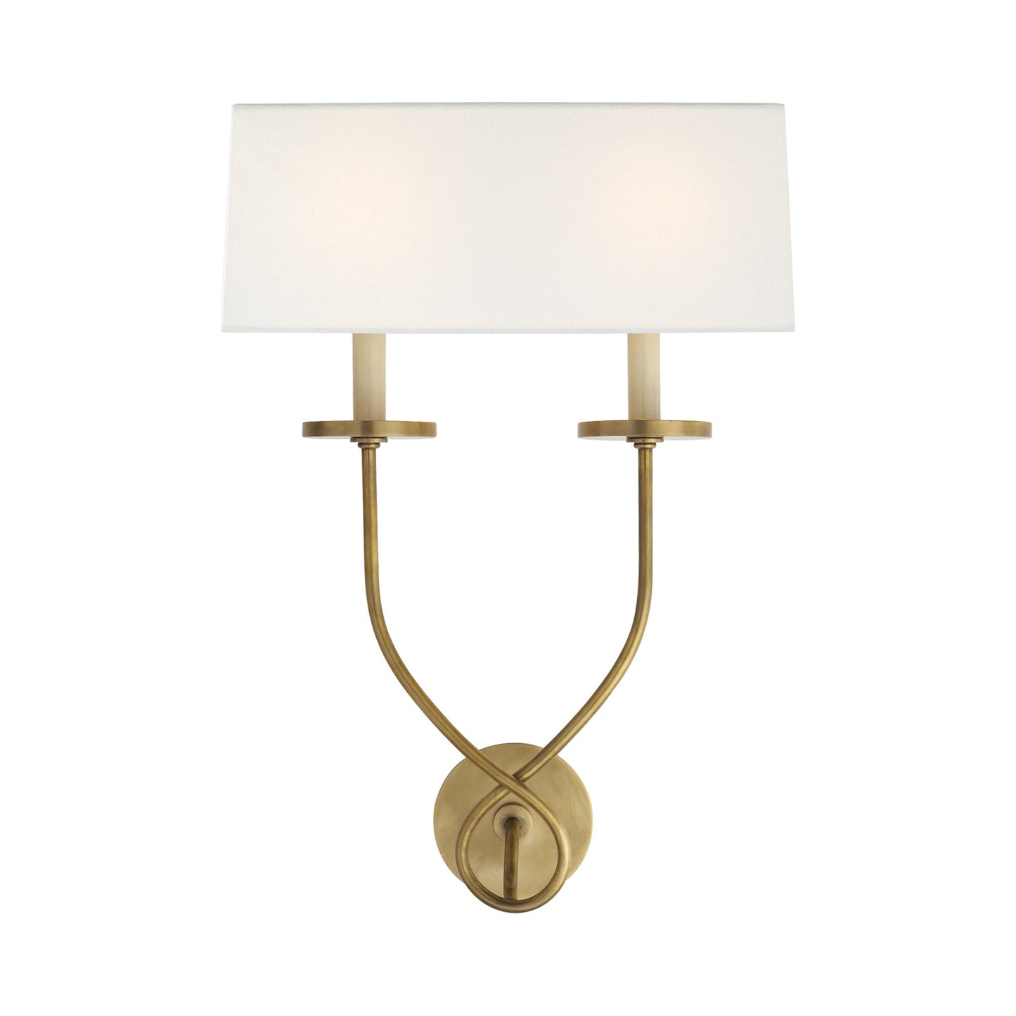 Symmetric Twist Double Wall Light in Antique-Burnished Brass/Linen.
