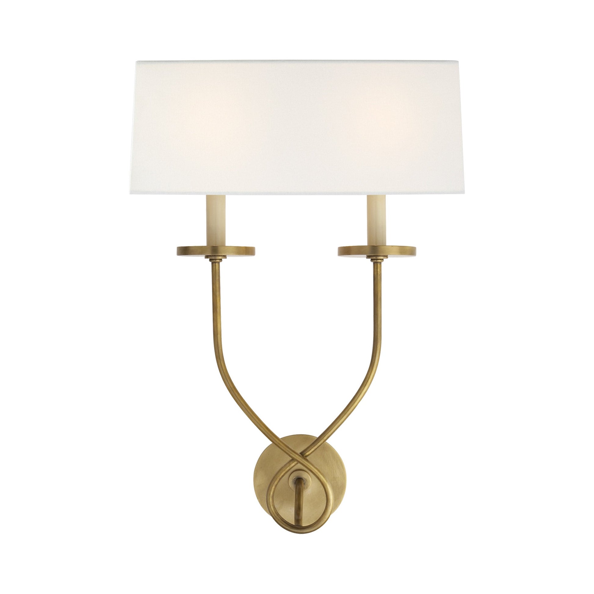 Symmetric Twist Double Wall Light in Antique-Burnished Brass/Linen.