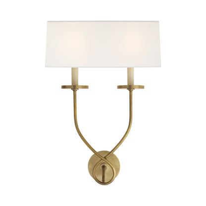 Symmetric Twist Double Wall Light in Antique-Burnished Brass/Linen.