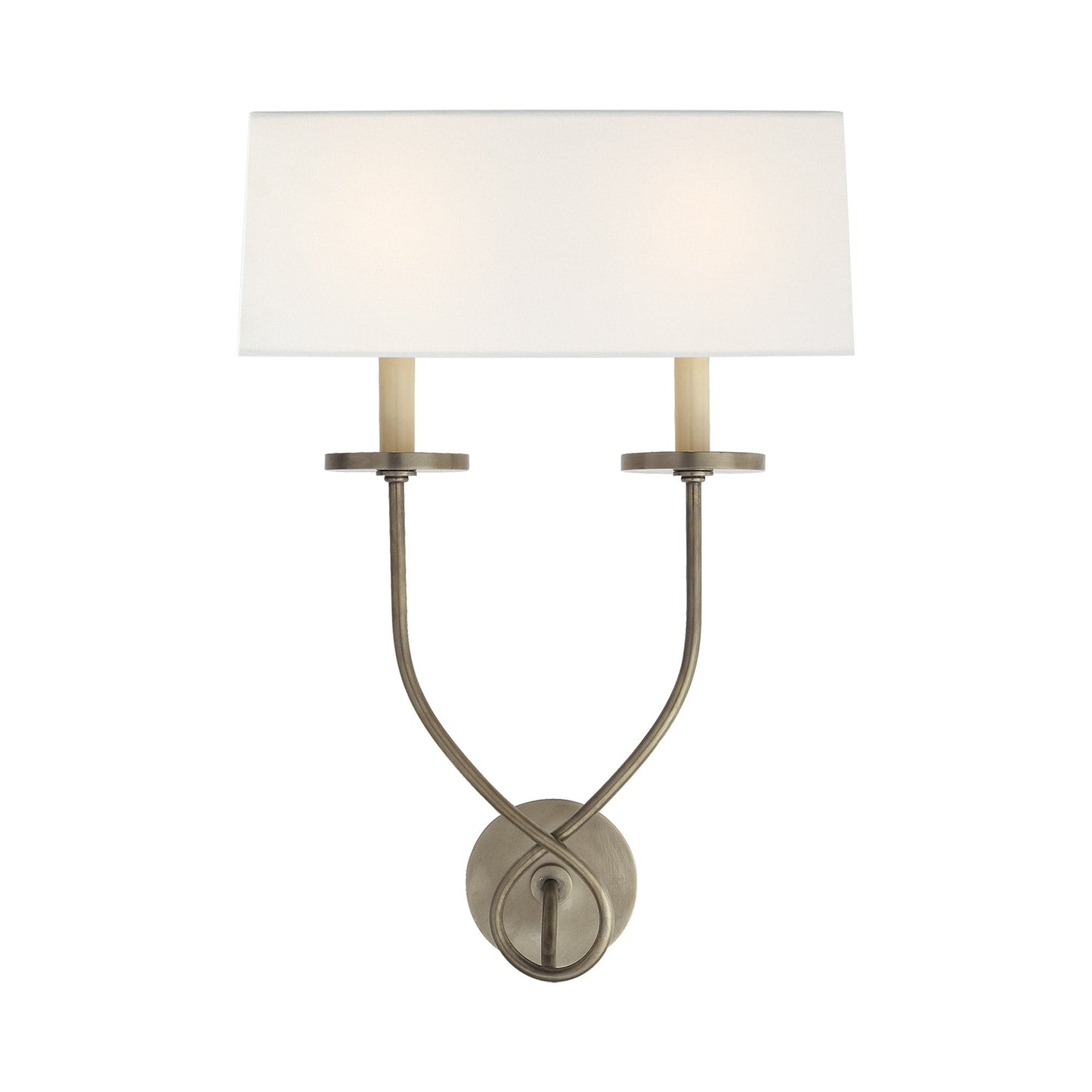 Symmetric Twist Double Wall Light in Antique Nickel/Linen.