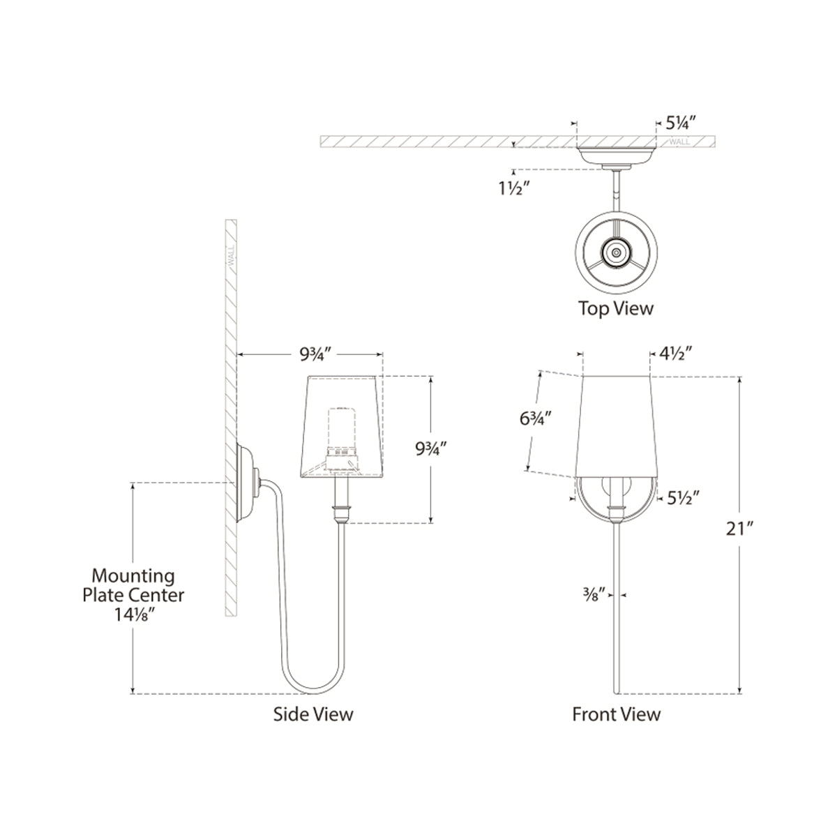 Vendome Deep Arm LED Rechargeable Wall Light - line drawing.