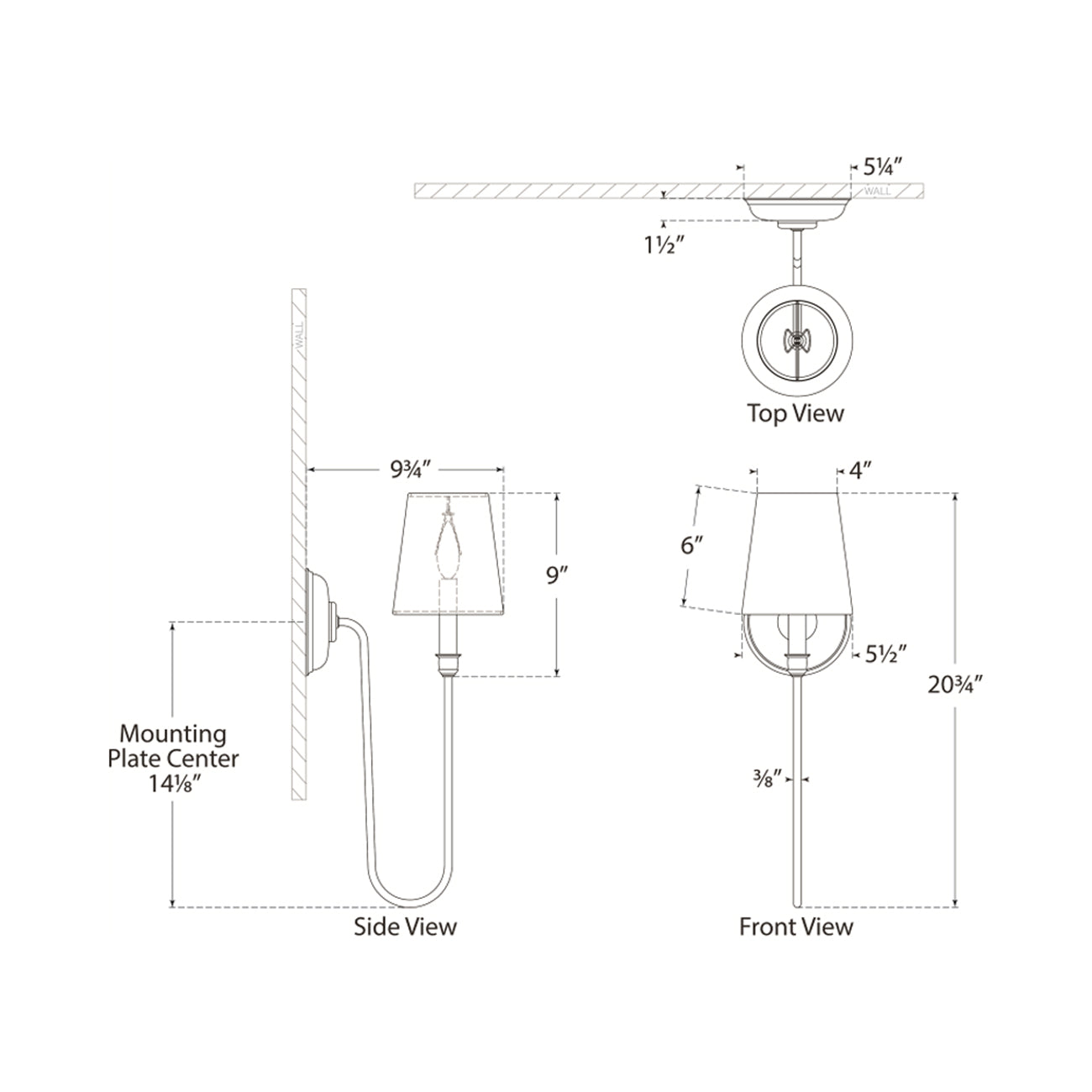 Vendome Deep Arm Wall Light - line drawing.
