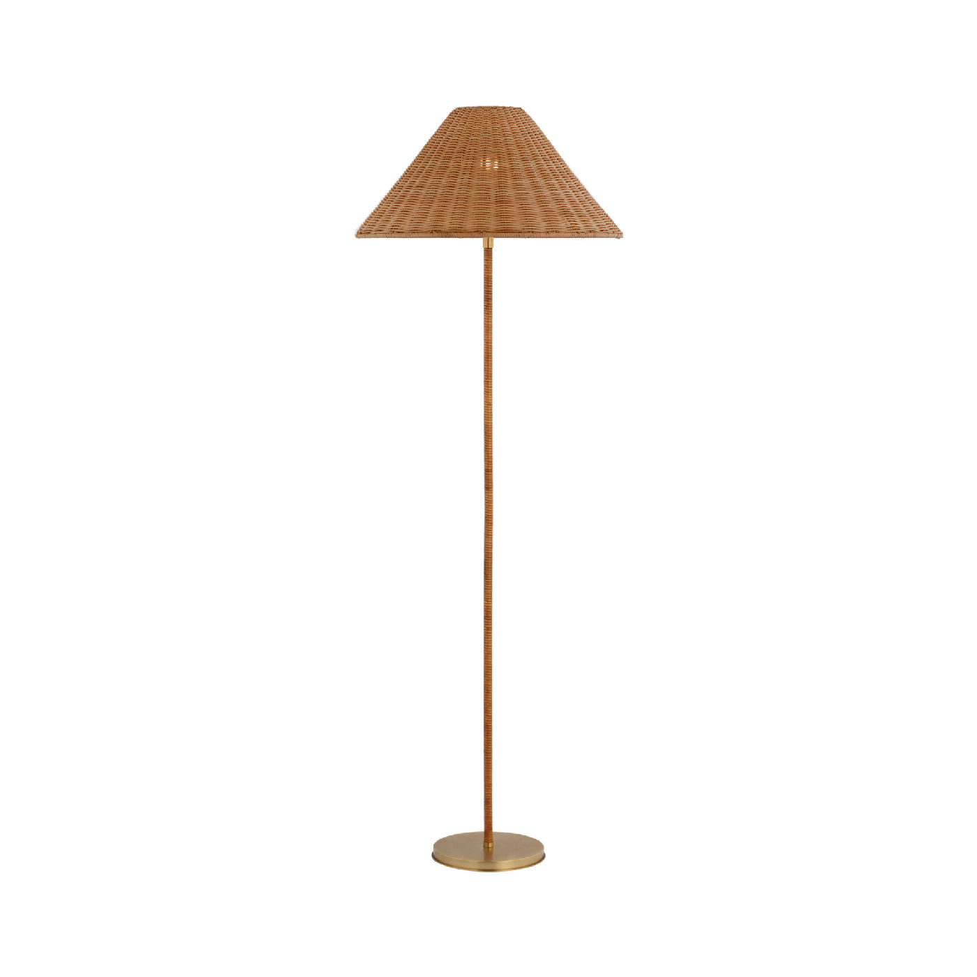 Wimberley Floor Lamp in Soft Brass/Natural Wicker.