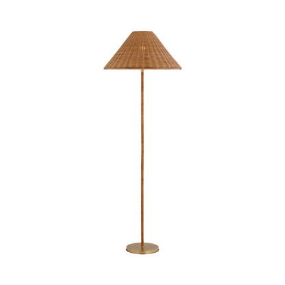 Wimberley Floor Lamp in Soft Brass/Natural Wicker.