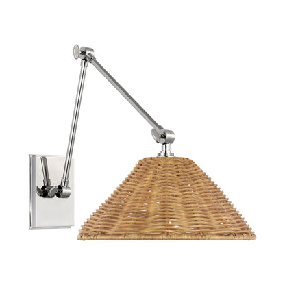 Wimberley Swing Arm Wall Light in Polished Nickel/Natural Wicker.